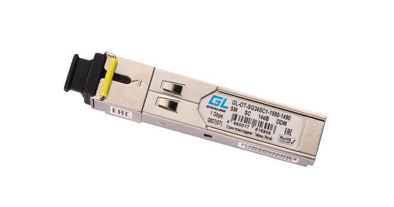 Модуль SFP WDM 1Гбит/с одно волокно SM SC Tx:1550/Rx:1490нм 24дБ до 80км DDM GIGALINK GL-OT-SG24SC1-