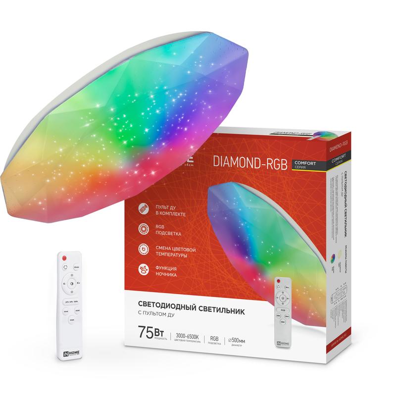 Светильник светодиодный COMFORT DIAMOND-RGB 75Вт 230В 3000-6500К 6000лм 500х90мм с пультом ДУ IN HOM