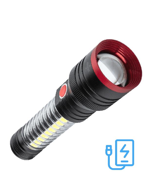 Фонарь аккумуляторный ручной 10Вт LED+5Вт COB LED+красн. zoom-линза Li-ion 18650 2200мА.ч Power-bank