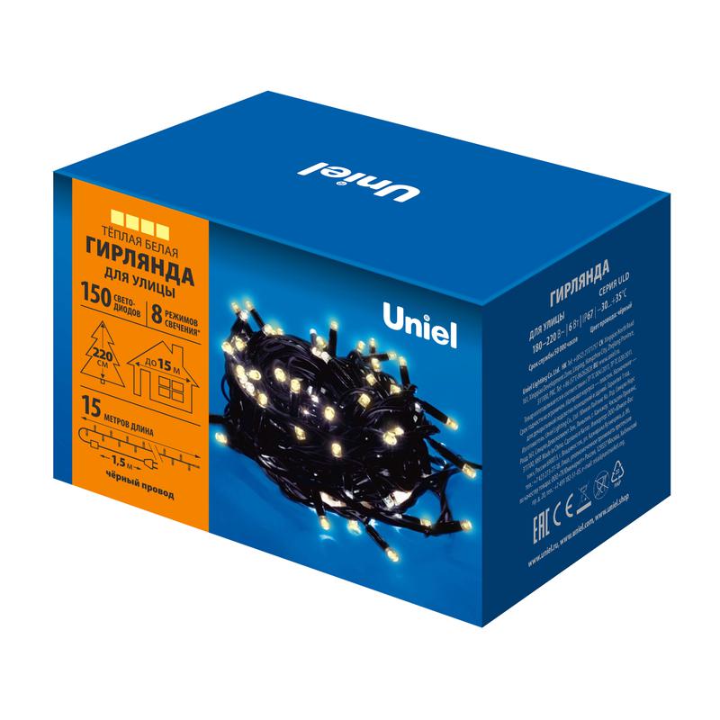 Гирлянда светодиодная ULD-S1500-150/DBA WARM WHITE IP67 15м 150 LED тепл. бел. свет. провод черн. Un