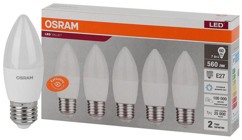 Лампа светодиодная LED Value LVCLB60 7SW/865 7Вт свеча матовая E27 230В 2х5 RU (уп.5шт) OSRAM 405807