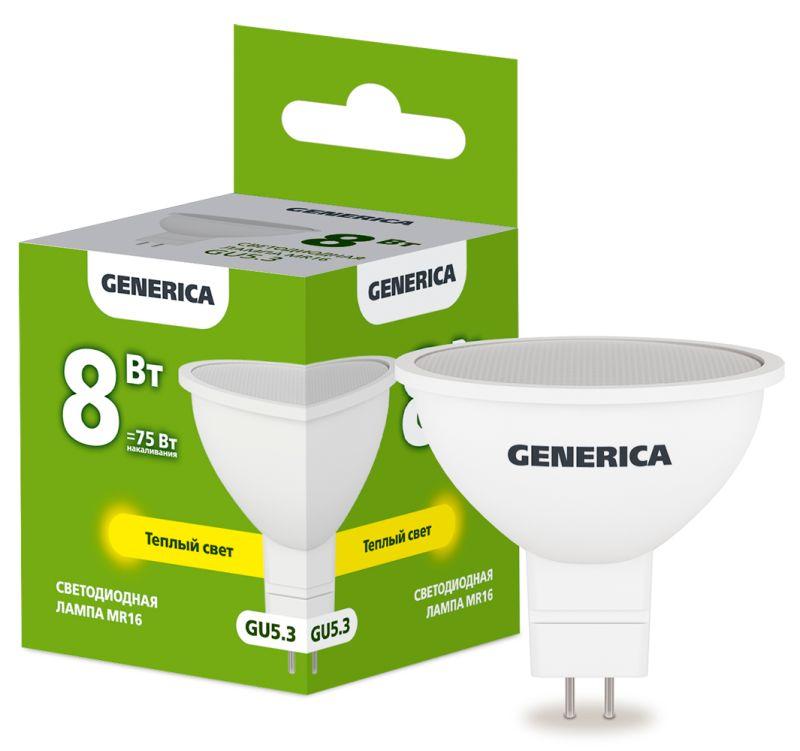 Лампа светодиодная MR16 8Вт софит 3000К GU5.3 230В GENERICA LL-MR16-08-230-30-GU5-G