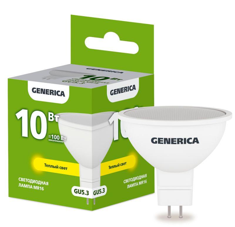 Лампа светодиодная MR16 10Вт софит 3000К GU5.3 230В GENERICA LL-MR16-10-230-30-GU5-G