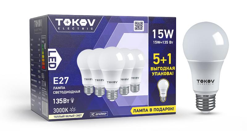 Набор ПРОМО лампа светодиодная 15Вт А60 3000К Е27 176-264В (Promo 5+1 шт) TOKOV ELECTRIC Promo-A60-E