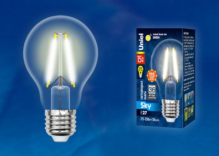 Лампа светодиодная LED-A60-15W/3000K/E27/CL PLS02WH Sky прозр. картон Uniel UL-00005849