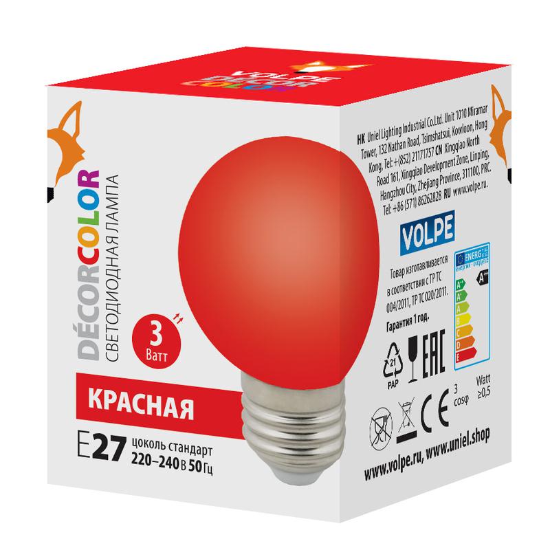 Лампа декоративная светодиод. LED-G60-3W/RED/E27/FR/С Шармат упак. картон красн. Volpe UL-00006959