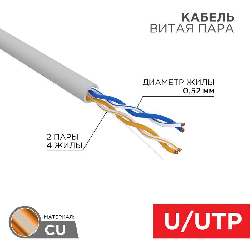 Кабель витая пара U/UTP CAT 5E ZH нг(А)-HF 2х2х0.52мм 24AWG INDOOR SOLID сер. (305м) PRO Rexant 02-0