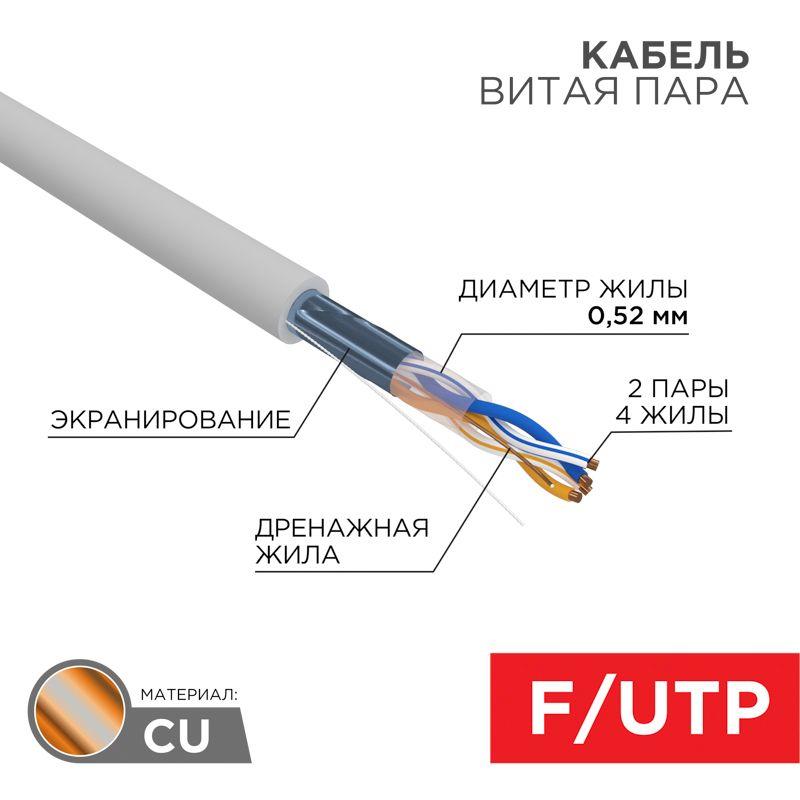 Кабель витая пара F/UTP кат.5E 2х2х0.52 24AWG ZH нг(А)-HF INDOOR SOLID сер. (305м) PRO Rexant 02-002