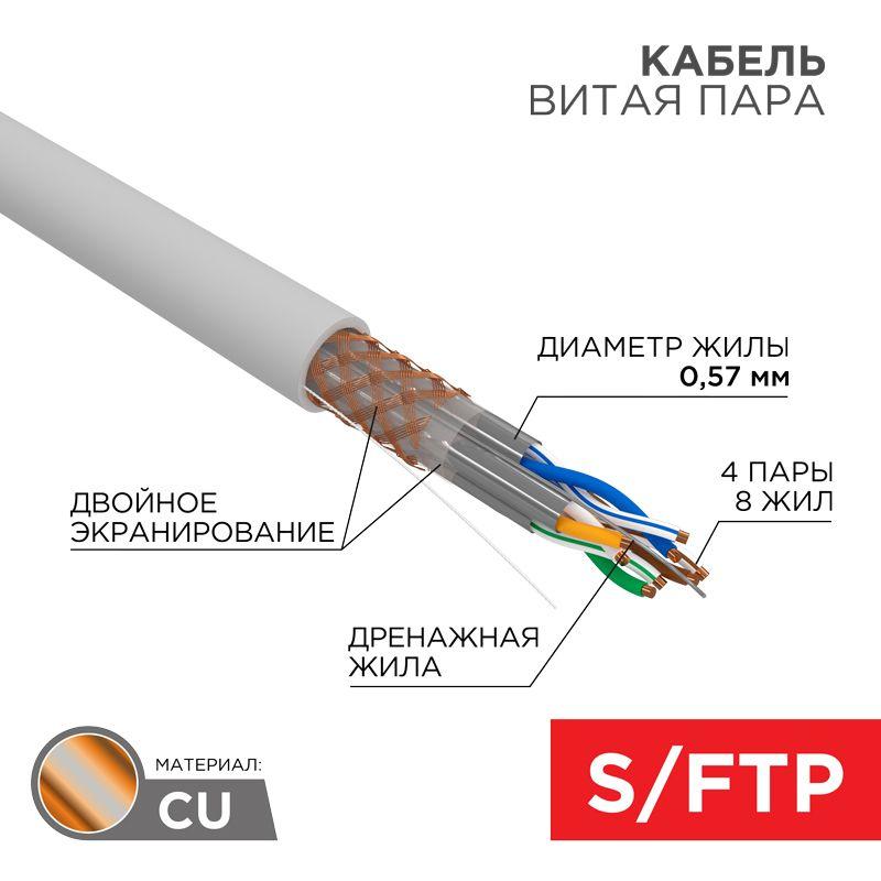 Кабель витая пара S/FTP CAT 6A ZH нг(А)-HF 4х2х0.575мм 23AWG INDOOR SOLID сер. (305м) PRO Rexant 02-