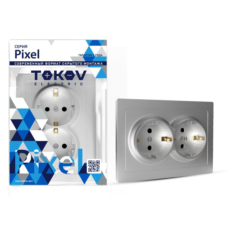 Розетка 2-м СП Pixel 16А IP20 с заземл. защ. шторки в сборе алюм. TOKOV ELECTRIC TKE-PX-R2FZSF-C03