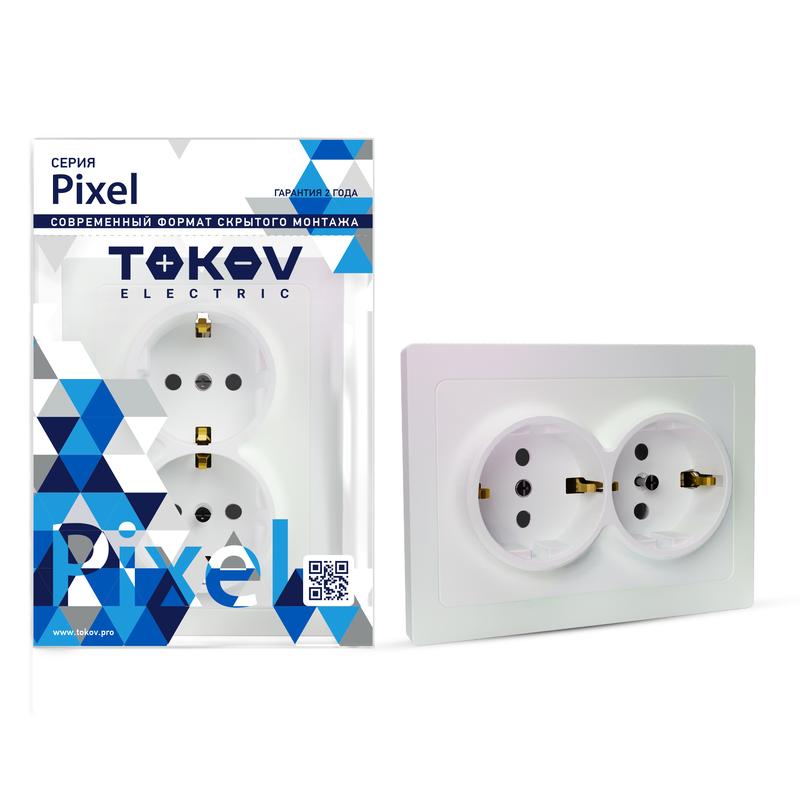 Розетка 2-м СП Pixel 16А IP20 с заземл. защ. шторки в сборе перламутр. TOKOV ELECTRIC TKE-PX-R2FZSF-