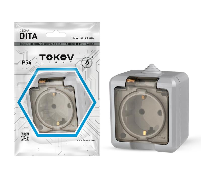 Розетка 1-м ОП Dita 16А IP54 250В с заземл. с прозр. крышкой сер. TOKOV ELECTRIC TKL-DT-R1Z-C06T-IP5