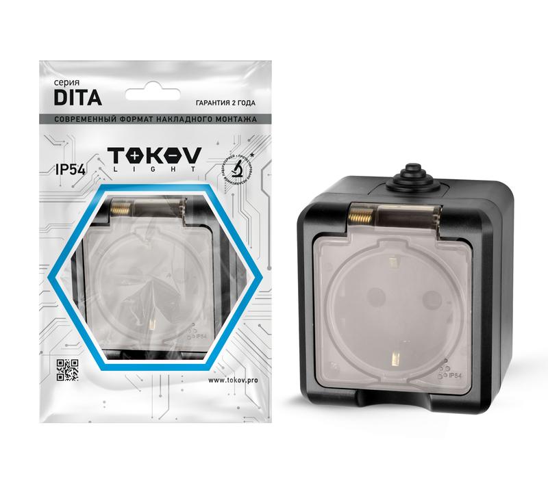 Розетка 1-м ОП Dita 16А IP54 250В с заземл. с прозр. крышкой карбон TOKOV ELECTRIC TKL-DT-R1Z-C14T-I