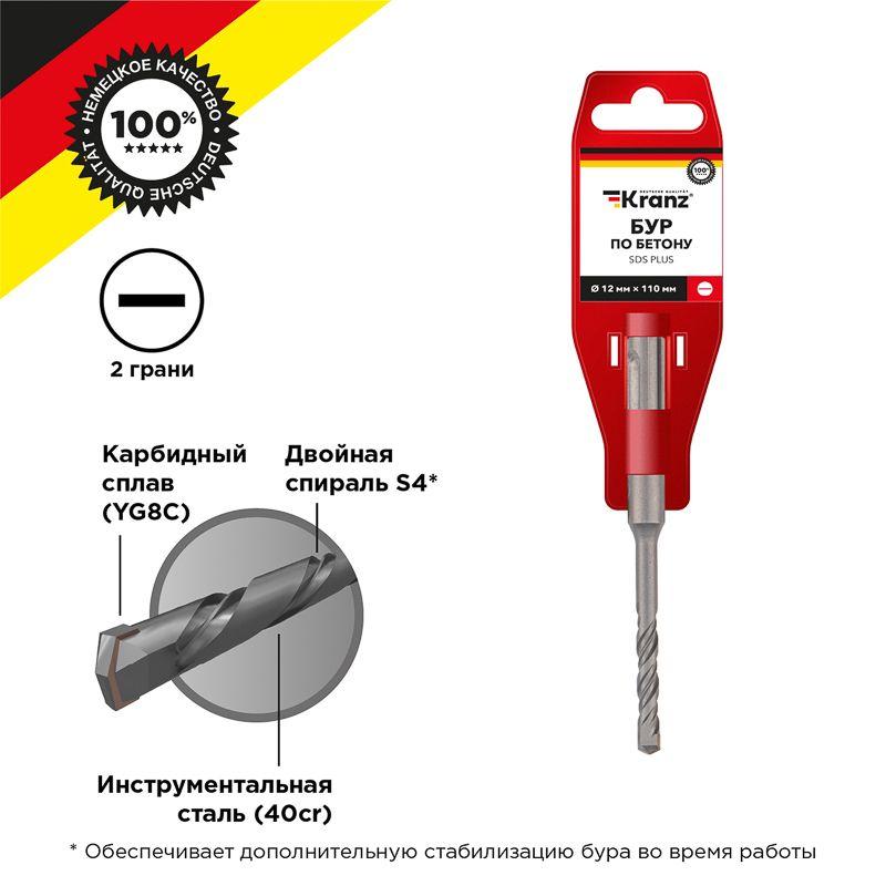 Бур по бетону 12x110x50мм SDS PLUS Kranz KR-91-0030