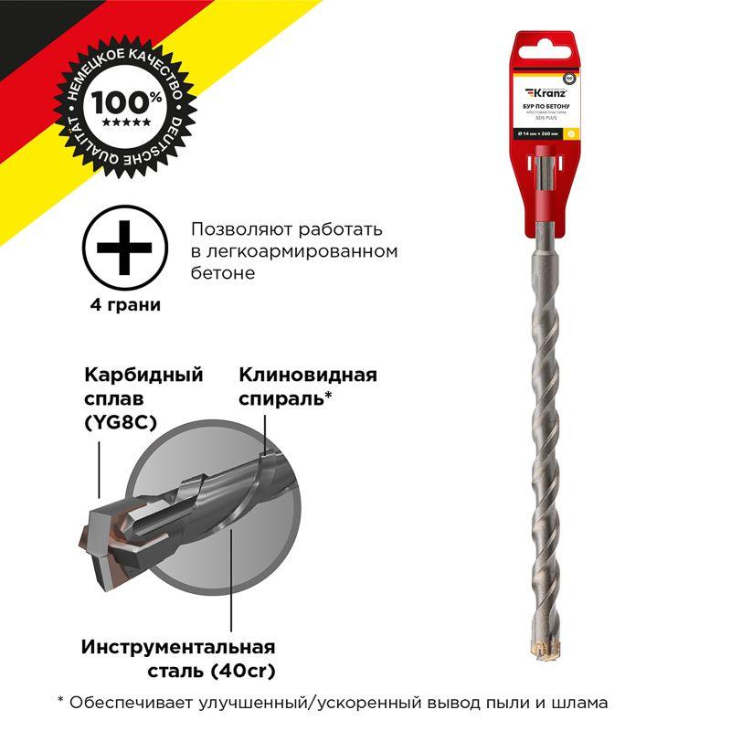 Бур по бетону 14х260мм SDS PLUS крестовая пластина Kranz KR-91-0837