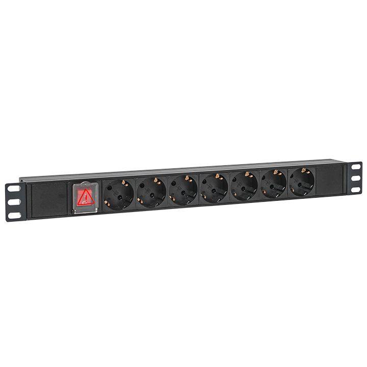 Блок PDU TERACOM PRO 19дюйм 1U 10А 250В 7-м Schuko с выкл. без шнура питания вх. разъем C14 алюм. че