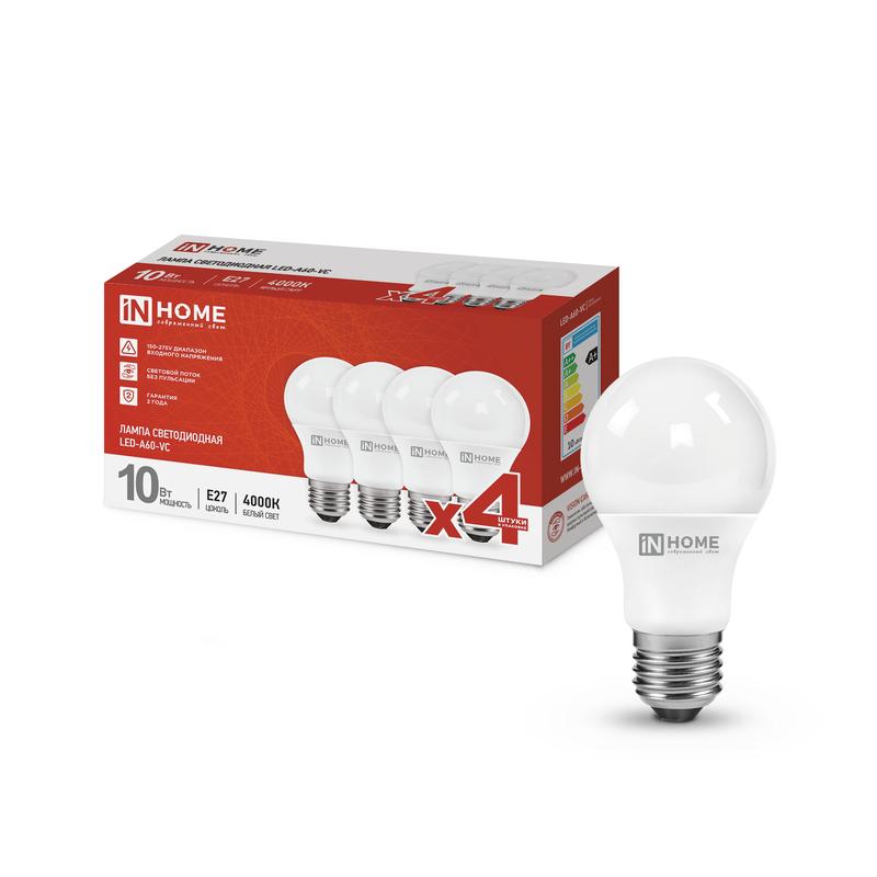 Лампа светодиодная LED-A60-VC 4PACK 10Вт 230В E27 4000К 950лм (уп.4шт) IN HOME 4690612047645