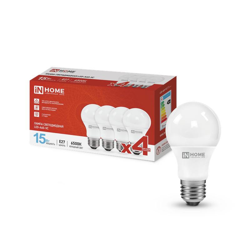 Лампа светодиодная LED-A60-VC 4PACK 15Вт 230В E27 6500К 1430лм (уп.4шт) IN HOME 4690612047690