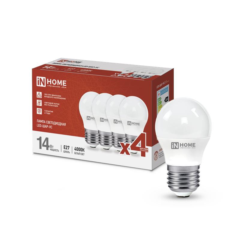 Лампа светодиодная LED-ШАР-VC 4PACK 14Вт шар 4000К нейтр. бел. E27 1330лм 230В (уп.4шт) IN HOME 4690