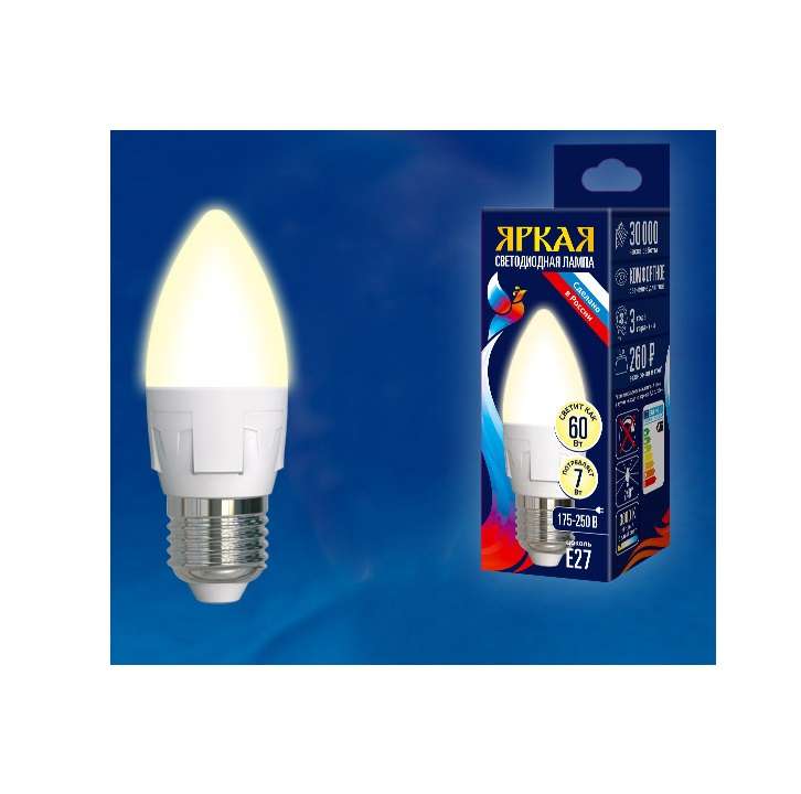 Лампа светодиодная LED-C37 7W/WW/E27/FR PLP01WH Яркая 7Вт свеча матовая 3000К тепл. бел. E27 (упак. 