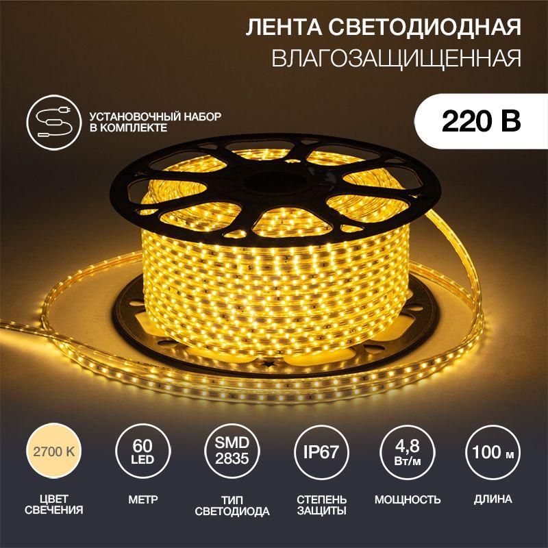 Лента светодиодная SMD3528 10х7мм 60LED/м 4.8Вт/м 220В IP67 тепл. бел. (уп.100м) NEON-NIGHT 142-606