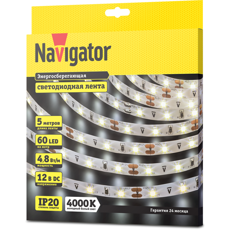 Лента светодиодная 71 400 NLS-3528W60-4.8 IP20 12B R5 4.8Вт/м (уп.5м) Navigator 71400