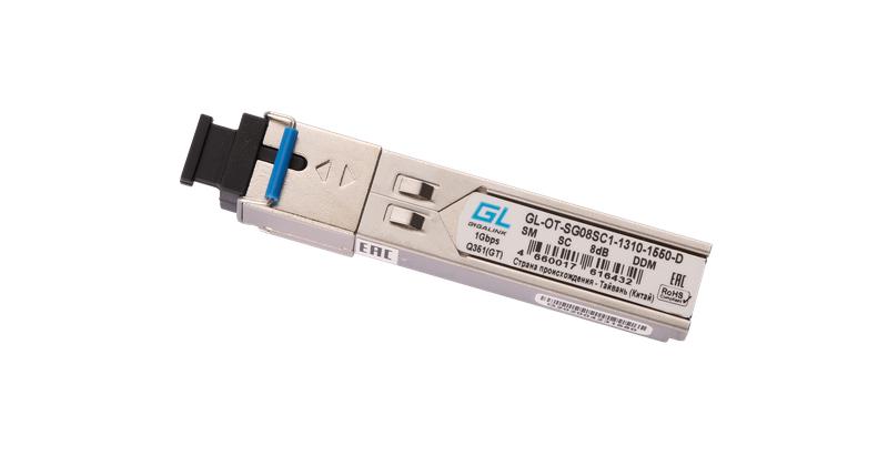 Модуль SFP WDM 1.25Гбит/с одно волокно SM SC Tx:1310/Rx:1550 нм DDM 8 дБ (до 3км) GIGALINK GL-OT-SG0