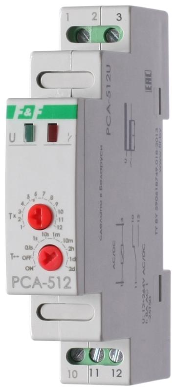 Реле времени PCA-512U 8А 12-264В AC/DC 1 перекл. IP20 задержка выключ. монтаж на DIN-рейке F&F EA02.