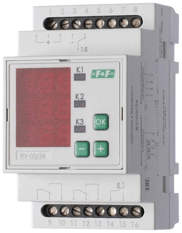 Реле времени RV-03/24 3х8А 24В AC/DC 3NO/NC IP20 многофункц. 3-х канал. 9 режимов работы с входами S