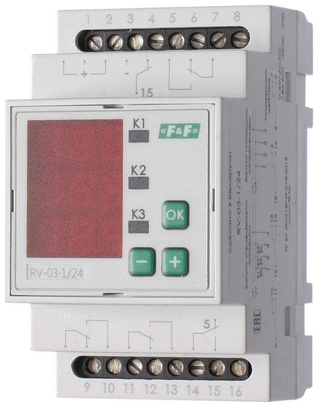 Реле времени RV-03-1/24 4х8А 24В AC/DC 4NO/NC IP20 многофункц. 3-х канал. 9 режимов работы с входами