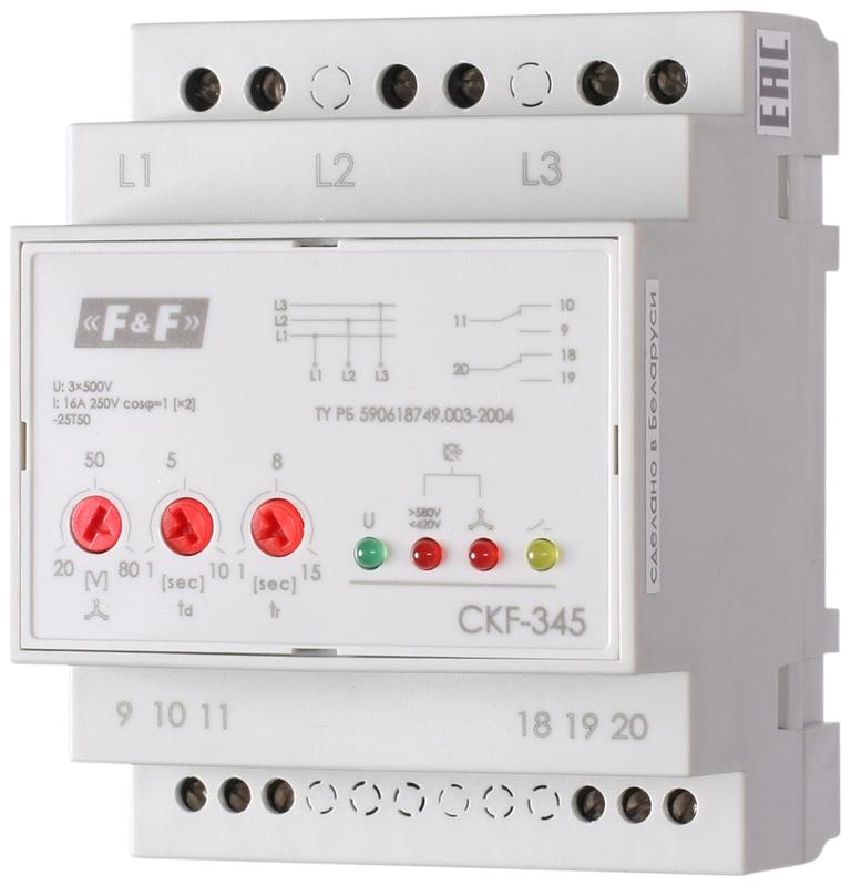 Реле контроля фаз для сетей с изолированной нейтралью CKF-345 (монтаж на DIN-рейке 35мм; регулировка