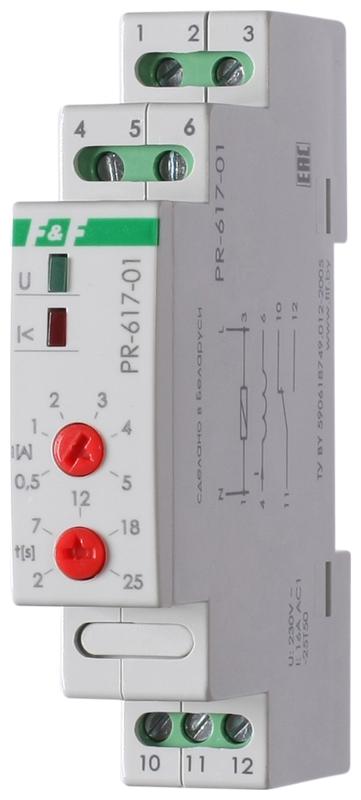 Реле тока PR-617-01 (диапазон 0.5-5А; с задержкой отключения; монтаж на DIN-рейке 35мм 230В 16А 1Z I