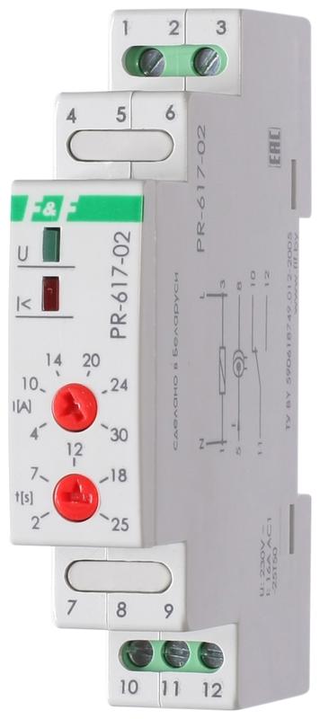 Реле тока PR-617-02 (диапазон 4-30А; с задержкой отключения; сквозной канал; монтаж на DIN-рейке 35м