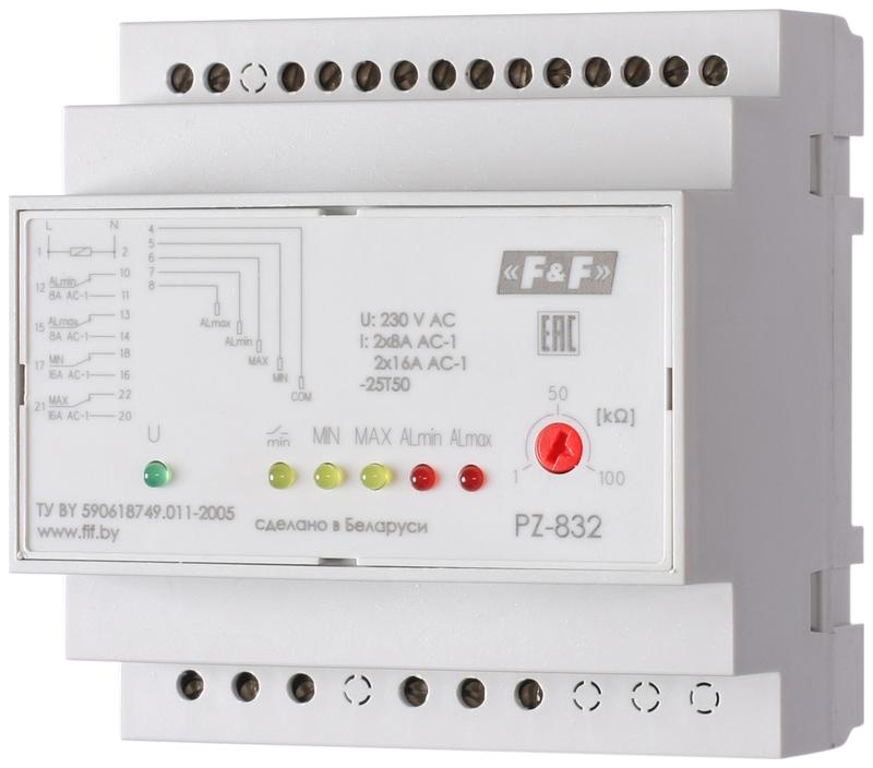 Реле уровня PZ-832 (без датчиков 4-х уровневый контроль аварийных макс. и мин. уровней монтаж на DIN