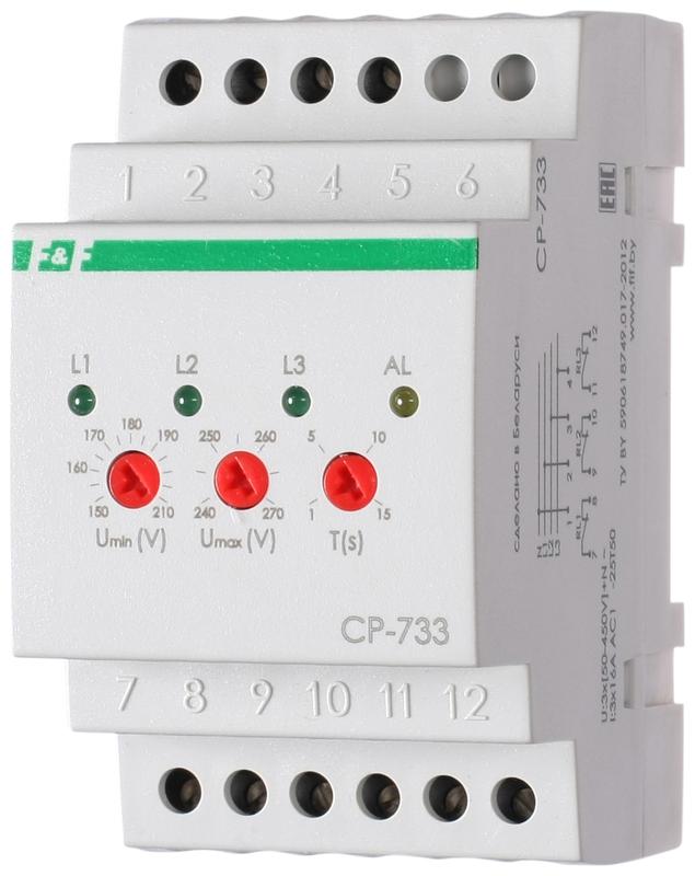 Реле напряжения CP-733 (трехфазное; контроль нижнего (150-210В) и верхнего (240-270В) порога напряже