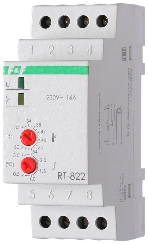 Регулятор температуры RT-822 (от +30 до +60 град.C; выносной датчик; монтаж на DIN-рейке 35мм 50-260