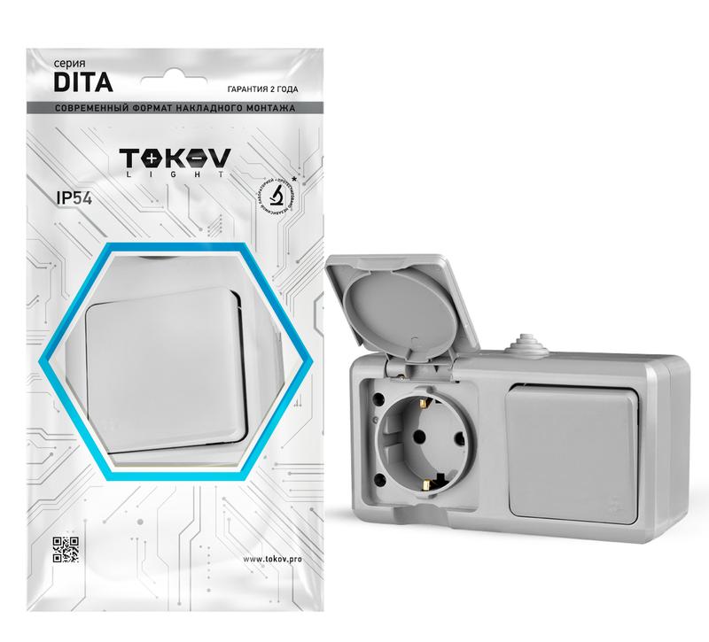 Блок ОП Dita (розетка 16А 250В с заземл. + 1-кл. выкл. 10А) IP54 сер. TOKOV ELECTRIC TKL-DT-V1RZ-C06