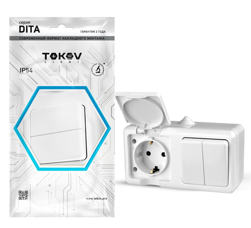 Блок ОП Dita (розетка 16А 250В с заземл. + 2-кл. выкл. 10А) IP54 бел. TOKOV ELECTRIC TKL-DT-V2RZ-C01