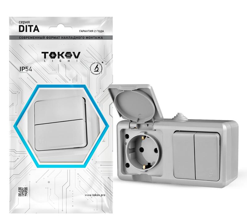 Блок ОП Dita (розетка 16А 250В с заземл. + 2-кл. выкл. 10А) IP54 сер. TOKOV ELECTRIC TKL-DT-V2RZ-C06