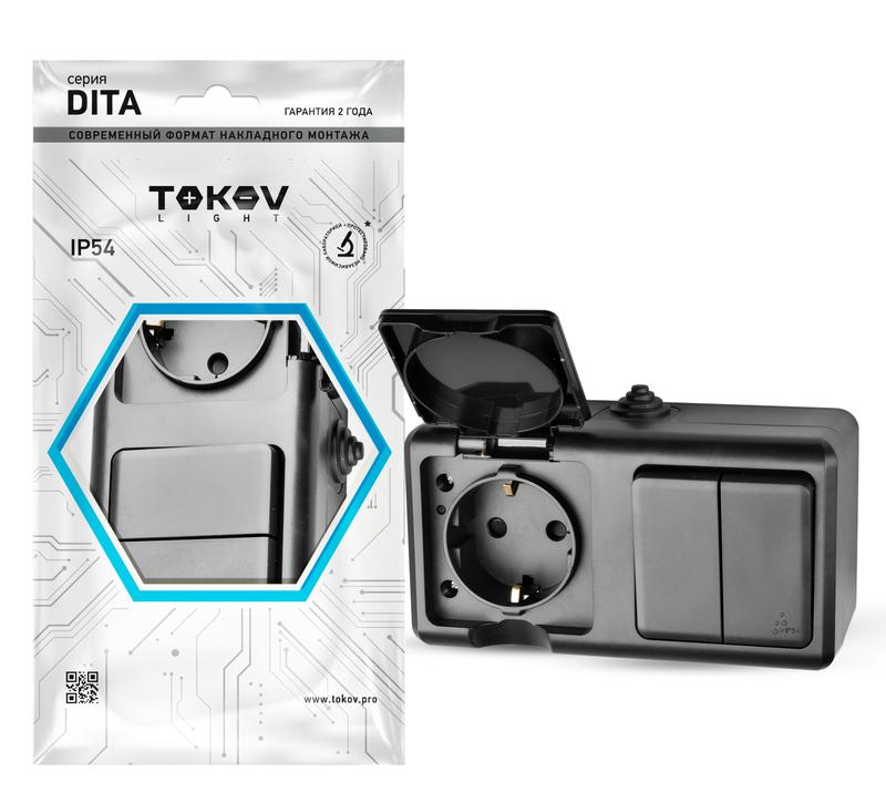 Блок ОП Dita (розетка 16А 250В с заземл. + 2-кл. выкл. 10А) IP54 карбон TOKOV ELECTRIC TKL-DT-V2RZ-C