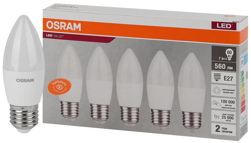 Лампа светодиодная LED Value LVCLB60 7SW/840 7Вт свеча матовая E27 230В 2х5 RU (уп.5шт) OSRAM 405807