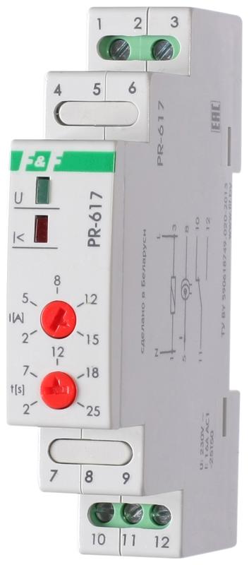 Реле тока PR-617 (диапазон 2-15А; с задержкой отключения; сквозной канал; монтаж на DIN-рейке 35мм 2