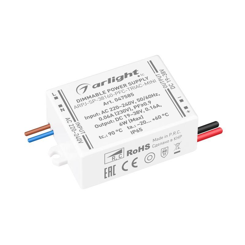 Блок питания ARPJ-SP-38160-PFC-TRIAC-MINI (6Вт 19-38В 160мА) IP65 пластик Arlight 047585