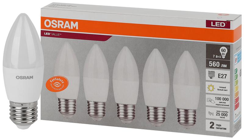 Лампа светодиодная LED Value LVCLB60 7SW/830 7Вт свеча матовая E27 230В 2х5 RU (уп.5шт) OSRAM 405807