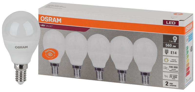 Лампа светодиодная LED Value LVCLP60 7SW/830 7Вт шар матовая E14 230В 2х5 RU (уп.5шт) OSRAM 40580755