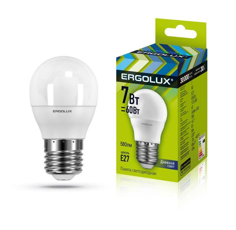 Лампа светодиодная LED-G45-7W-E27-6500K 172-265В "Шар" Ergolux 12877