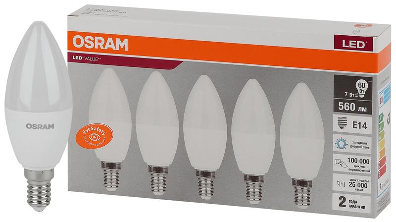 Лампа светодиодная LED Value LVCLB60 7SW/865 7Вт свеча матовая E14 230В 2х5 RU (уп.5шт) OSRAM 405807