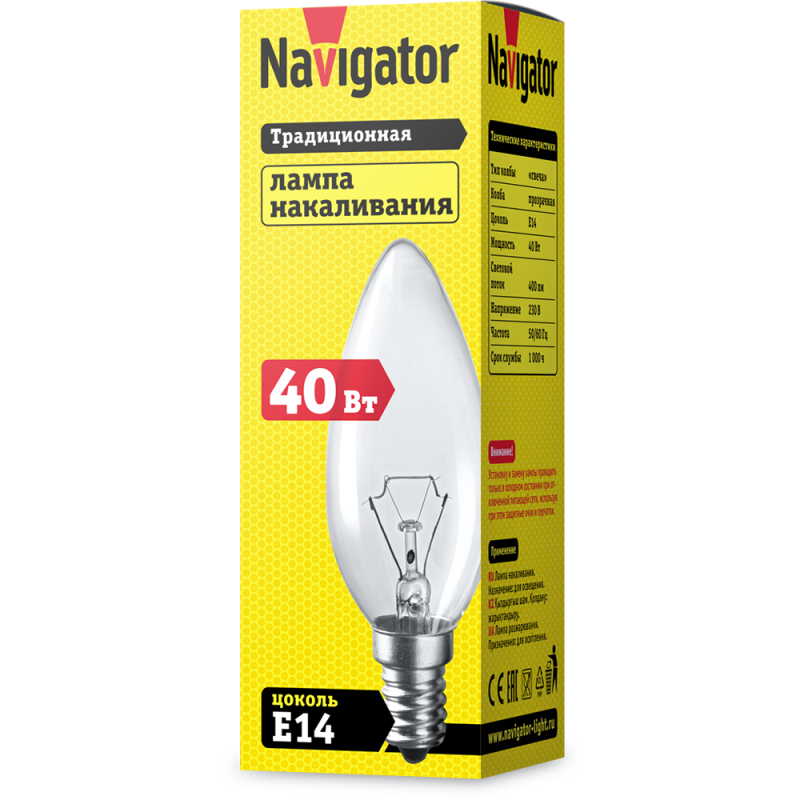 Лампа накаливания 94 303 NI-B-40-230-E14/CL (КНР) Navigator 94303