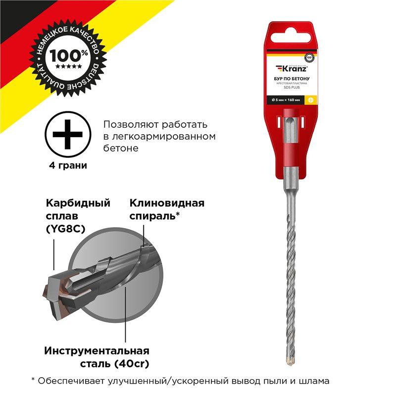 Бур по бетону 5х160мм крестовая пластина SDS PLUS Kranz KR-91-0820