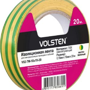Изолента V02-7М-18х19-20 0.18х19мм (рул.20м) желт./зел. Volsten 9785